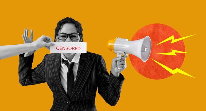 Censored businesswoman with megaphone, free speech suppression, and corporate communication control