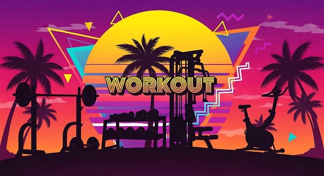 Retro fitness, workout graphics, tropical sunset, gym silhouette, neon colors