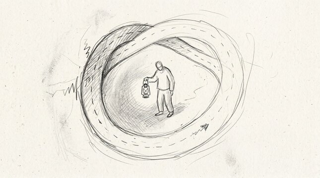 A conceptual pencil sketch depicting a lone human figure walking inside an endless mobius strip loop representing the cyclical nature of life and human existence