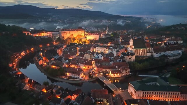 Magical evening view of Cesky Krumlov town illuminated by street lights, historic castle over Vltava river in Czechia. Cesky Krumlov at dusk with foggy hills, beautiful European heritage in Bohemia