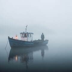 Fototapeta premium Foggy harbor scene with historic lighthouse and ship.