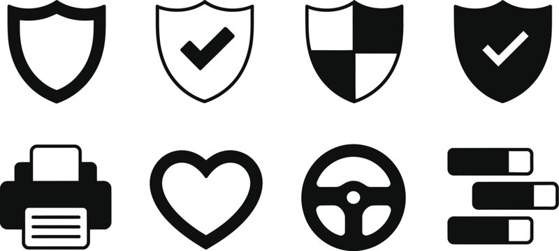 Security shield icon set with check mark printer machine heart shape steering wheel and slider progress loading bar graphic symbols.