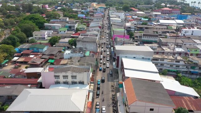 Aerial footage of Sattahip district located in Chomburi province.