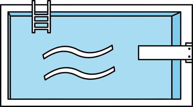 Top view of a swimming pool with ladder and diving board, blue water, wavy lines