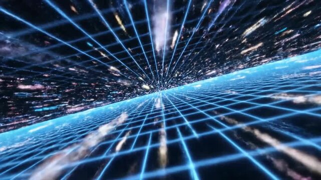 Blue neon grid landscape with cosmic light speed stars