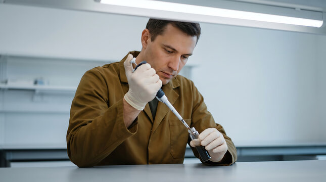 Male technician in brown lab coat uses a pipette to transfer liquid into a small container on a clean laboratory workbench with bright overhead lighting