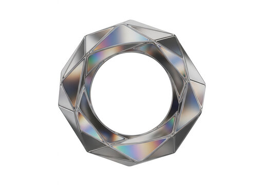 Abstract circular frame made of polished metallic geometric shards with iridescent light reflections isolated on a deep black holographic chrome isolated on a transparent background
