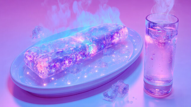 surreal 3D illustration of a lunch table where a digital AI interface is malfunctioning. A ceramic plate holds a glowing, glitching holographic sandwich that is pixelating into binary code. 
