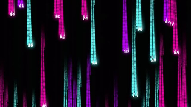 Glowing Neon Hex Code Rain Animation &ndash; Cyberpunk Memory Dump with Cyan Purple Magenta Digital Data Stream, Matrix Style Falling Characters, Memory Fault Explosion Effects, Phosphor Glow Trail