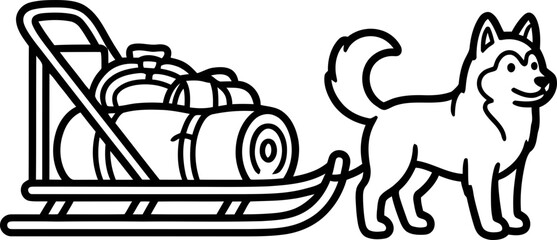Line art husky dog pulling sled with rolled sleeping bags for outdoor adventure © ipulbotak