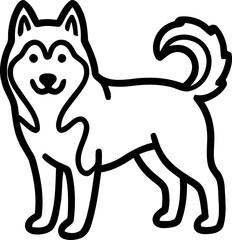 Cute Husky Dog Cartoon Line Art Illustration, Friendly Pet, Black and White © ipulbotak
