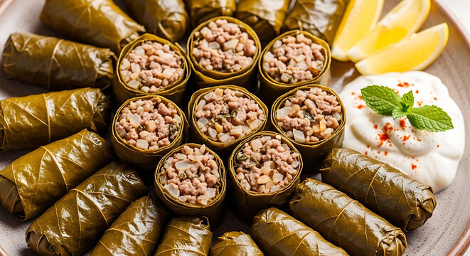 Dolma stuffed grape leaves are arranged neatly on a ceramic plate with a side of creamy dip.