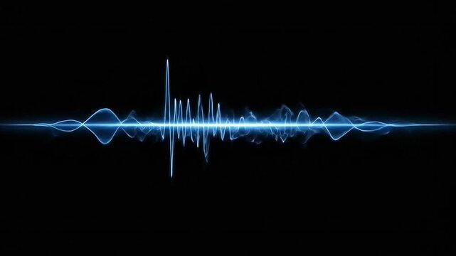 Glowing blue sound wave on black background.