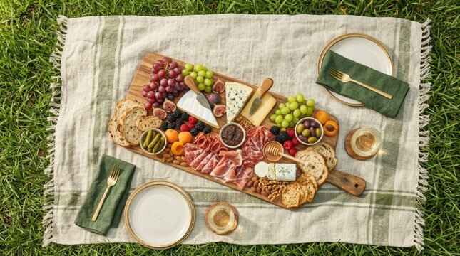 Gourmet charcuterie board spread with fruits, cheeses, and meats on a picnic blanket
