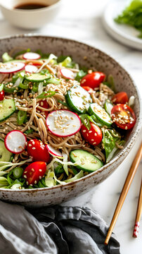 Creative soba salad combines chilled noodles with colorful vegetables and sesame dressing