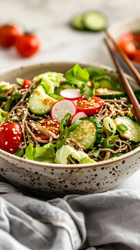 Creative soba salad presents crisp vegetables and chilled noodles in sesame vinaigrette
