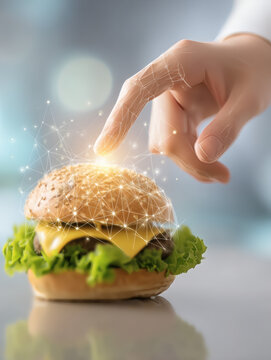3D illustration of a lunch menu that is constantly changing its text into unreadable symbols and alien glyphs. A hand reaches out to touch a burger that is half-real and half-wireframe. The 