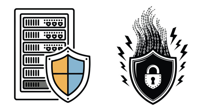 Server Rack And Shield With Digital Code Black Line Vector Illustration