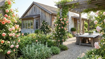 Fototapeta premium Charming stone cottage with climbing roses and a rustic outdoor dining area