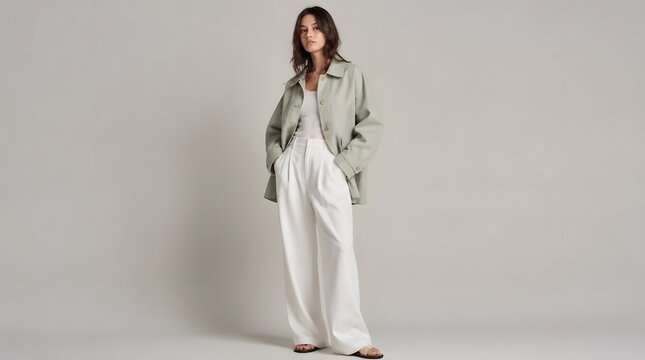 Young Woman Poses Confidently in Studio Wearing Light Green Jacket and White Pants
