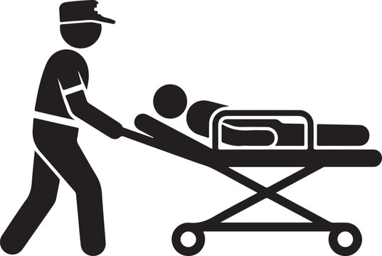 Medical emergency response, ambulance stretcher, paramedic care, black silhouette vector icon