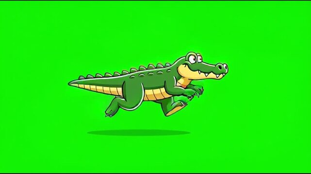 Cute cartoon alligator running and jumping over green background
