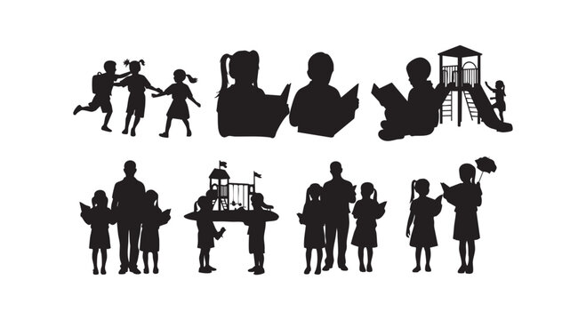 Children playing and learning in various scenarios classroom school playground reading group kids activities childhood silhouettes.
