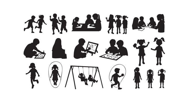 Children playing drawing and learning with kids playing on swings and skipping rope outdoor activities.