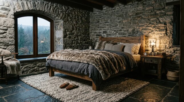 Cozy rustic bedroom with stone walls and a plush faux fur throw blanket