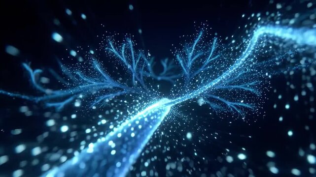 Glowing blue particle branches forming abstract lines on dark background, concept of digital connectivity and flow