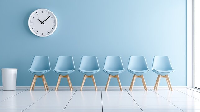 Serene waiting area with six pastel blue chairs, a wall clock, and natural light