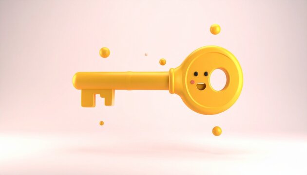 Whimsical Golden Key with a Cheerful Face and Floating Orbs.