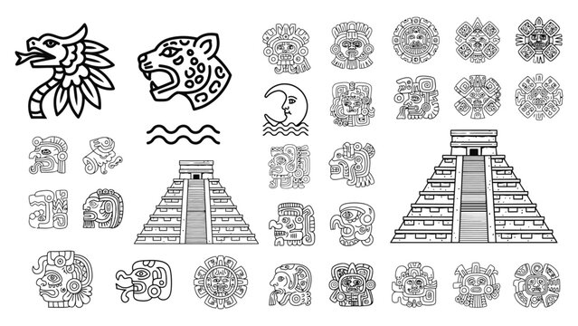 Mayan Glyphs Aztec Symbols Vector with Ancient Tribal Icons Sacred Signs and Mesoamerican Decorative Elements