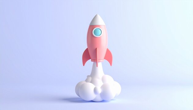 Whimsical Pink Rocket Launching into a Dreamy Blue Sky.