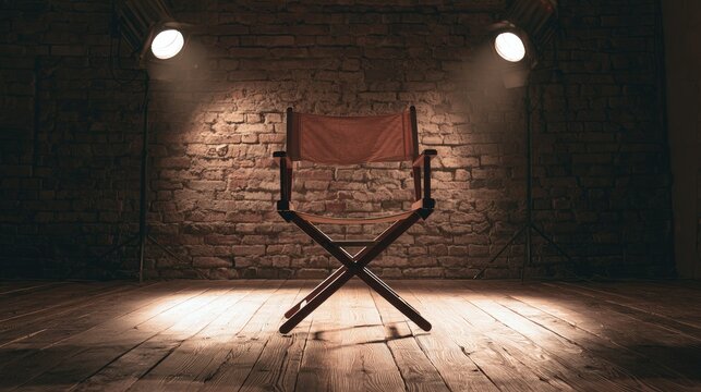 Empty director's chair bathed in spotlights against brick wall