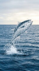 Fototapeta premium Tuna fish jumping out of the ocean water. Marine life splash concept showing energetic wildlife motion. Natural behavior in the blue sea for World Oceans Day environmental theme.