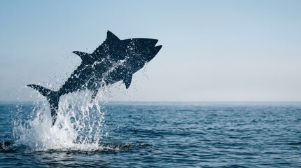 Naklejka premium Tuna jumping out of ocean water. Silhouette of large fish leaping in sea with splash. Marine wildlife and nature concept for World Oceans Day. Aquatic creature in natural habitat.