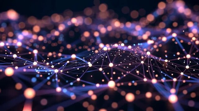 Abstract glowing nodes connected by lines in digital style on dark background, concept of technology and communication