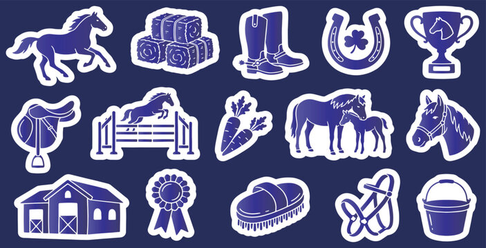 Set of equestrian-themed vector illustrations including horses, stable equipment, and riding accessories on a dark background.