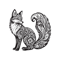 Obraz premium Elegant black and white stylized fox vector featuring intricate floral and nature-inspired mandala patterns along its body and tail.