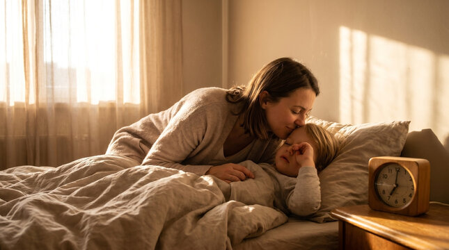 Mother kissing her waking parenting kid in a sunny bedroom morning