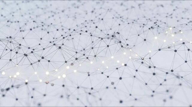 Abstract mesh of connected nodes with glowing points in minimal style on pale background, concept of communication, data flow and digital links