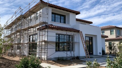 Fototapeta premium Modern stucco home under construction, featuring scaffolding and a ladder