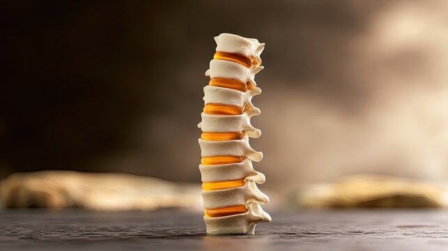 Anatomical spine model with glowing orange intervertebral discs