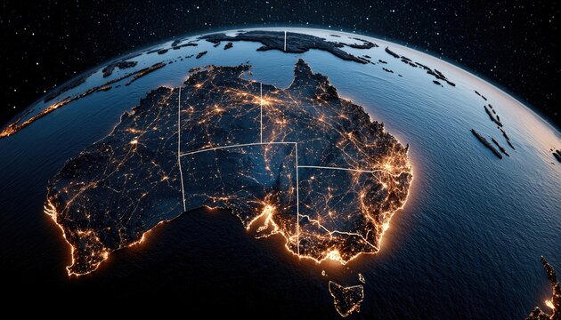 Earth from space, glowing continent at night, continents, cities, darkness