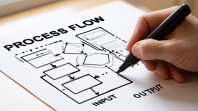 Hand drawing a business process flow diagram with input and output labels