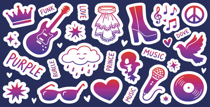 Set of purple and pink gradient stickers with music, love, and fashion symbols, perfect for graphic design projects.