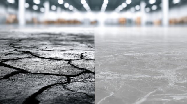 Split image cracked dry earth meets smooth wet surface
