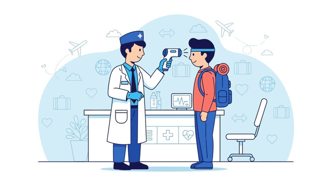 Doctor checks traveler's temperature with infrared thermometer at airport, health screening