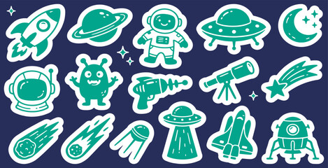 A vibrant collection of teal and white space-themed cartoon stickers featuring rockets, astronauts, planets, UFOs, aliens, telescopes, and comets on a dark blue background. © Riki